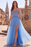Corset A Line Appliqued Blue Spaghetti Straps Maxi Prom Dress