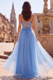 Corset A Line Appliqued Blue Spaghetti Straps Maxi Prom Dress