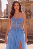 Corset A Line Appliqued Blue Spaghetti Straps Maxi Prom Dress
