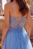 Corset A Line Appliqued Blue Spaghetti Straps Maxi Prom Dress