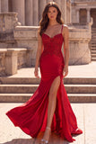 Mermaid Beaded Spaghetti Straps Red Maxi Prom Dress