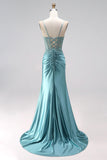 Mermaid Sheer Corset Appliqued Blue Spaghetti Straps Satin Maxi Prom Dress