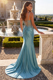 Mermaid Sheer Corset Appliqued Blue Spaghetti Straps Satin Maxi Prom Dress