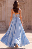 A Line Appliqued Light Blue Spaghetti Straps Maxi Prom Dress