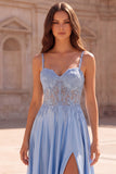 A Line Appliqued Light Blue Spaghetti Straps Maxi Prom Dress