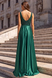 A Line Dark Green Beaded V-Neck Satin Maxi Prom Dress
