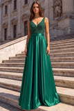 A Line Dark Green Beaded V-Neck Satin Maxi Prom Dress