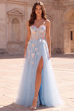 Strapless Corset A Line Sparkly Floral Light Blue Maxi Prom Dress
