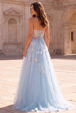Strapless Corset A Line Sparkly Floral Light Blue Maxi Prom Dress
