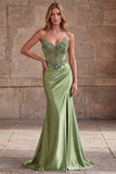 Strapless Corset Sparkly Appliqued Green Mermaid Satin Maxi Prom Dress