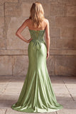 Strapless Corset Sparkly Appliqued Green Mermaid Satin Maxi Prom Dress