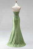 Strapless Corset Sparkly Appliqued Green Mermaid Satin Maxi Prom Dress