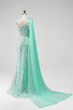 One Shoulder Mermaid Sparkly Green Maxi Prom Dress With Drape