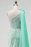 One Shoulder Mermaid Sparkly Green Maxi Prom Dress With Drape