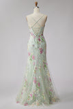 Mermaid Floral Sparkly Light Green Spaghetti Straps Maxi Prom Dress