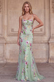 Mermaid Floral Sparkly Light Green Spaghetti Straps Maxi Prom Dress