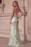 Mermaid Floral Sparkly Light Green Spaghetti Straps Maxi Prom Dress