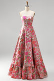 Strapless Red Flower Brocade A-Line Long Prom Dress