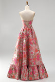 Strapless Red Flower Brocade A-Line Long Prom Dress