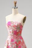 Strapless Red Flower Brocade A-Line Long Prom Dress