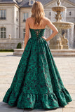 Strapless A-Line Floral Dark Green Corset Long Prom Dress with Ruffles