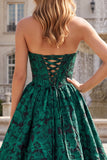 Strapless A-Line Floral Dark Green Corset Long Prom Dress with Ruffles