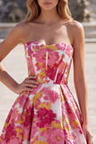 Corset Strapless A-Line Floral Brocade Pink Long Prom Dress with Slit
