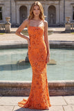 Mermaid Floral Beaded Orange Long Prom Dress