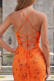 Mermaid Floral Beaded Orange Long Prom Dress