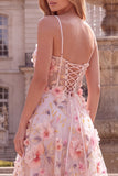 Floral Beaded A-Line Pink Corset Long Prom Dress