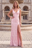 Mermaid Sequins Light Pink Appliqued Beaded Long Prom Dress with Slit