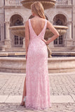 Mermaid Sequins Light Pink Appliqued Beaded Long Prom Dress with Slit