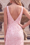 Mermaid Sequins Light Pink Appliqued Beaded Long Prom Dress with Slit