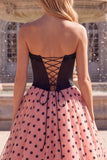 A-Line Strapless Beaded Corset Black and Pink Polka Dot Long Prom Dress