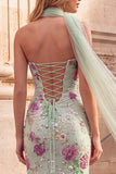 Strapless Mermaid Floral Sparkly Light Green Maxi Prom Dress