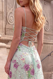 Floral Sequins Light Green A Line Spaghetti Straps Maxi Prom Dress