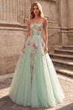 Strapless Floral A Line Sequins Light Green Tulle Maxi Prom Dress