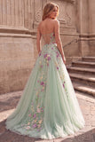 Strapless Floral A Line Sequins Light Green Tulle Maxi Prom Dress