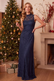 Dark Blue Sheath High Neck Lace Maxi Holiday Party Dress