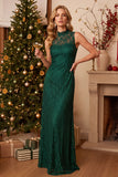Dark Blue Sheath High Neck Lace Maxi Holiday Party Dress
