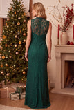 Dark Blue Sheath High Neck Lace Maxi Holiday Party Dress