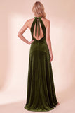 A-Line Halter Royal Blue Velvet Long Holiday Party Dress