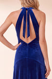 A-Line Halter Royal Blue Velvet Long Holiday Party Dress