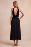 Halter A-Line Velvet Black Pleated Long Formal Dress