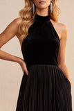 Halter A-Line Velvet Black Pleated Long Formal Dress