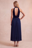 Halter A-Line Velvet Black Pleated Long Formal Dress