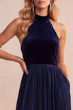 Halter A-Line Velvet Black Pleated Long Formal Dress
