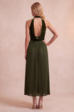Halter A-Line Velvet Black Pleated Long Formal Dress