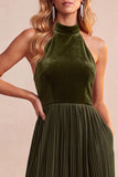Halter A-Line Velvet Black Pleated Long Formal Dress