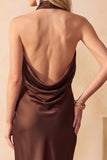Halter Olive Sheath Draped Satin Midi Wedding Guest Dress